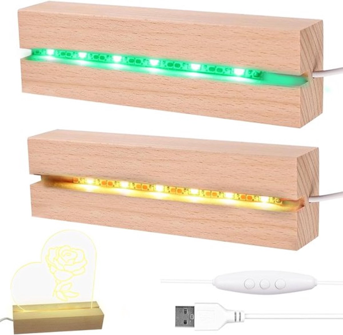 LED Verlichtingsdisplay met Houten USB-schakelaar, Rechthoekige Basis voor Tafellampen en Decoratieve Verlichting