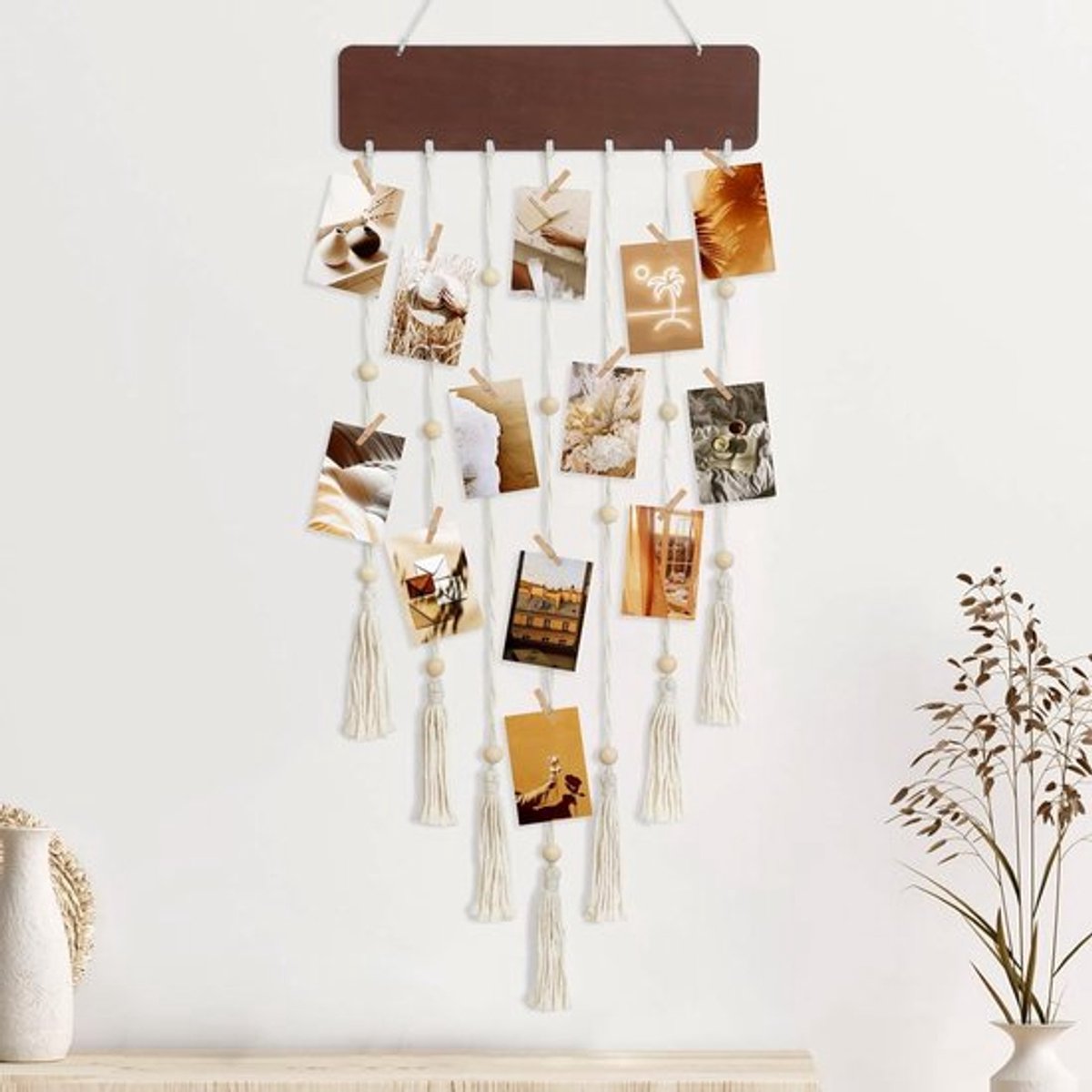 Macrame Fotodisplay Wanddecoratie met 35 Clips en 7 Hangope, Creatieve DIY Fotolijst voor Meerdere Foto's, Houten Multi-Foto Frames voor Thuisdecoratie