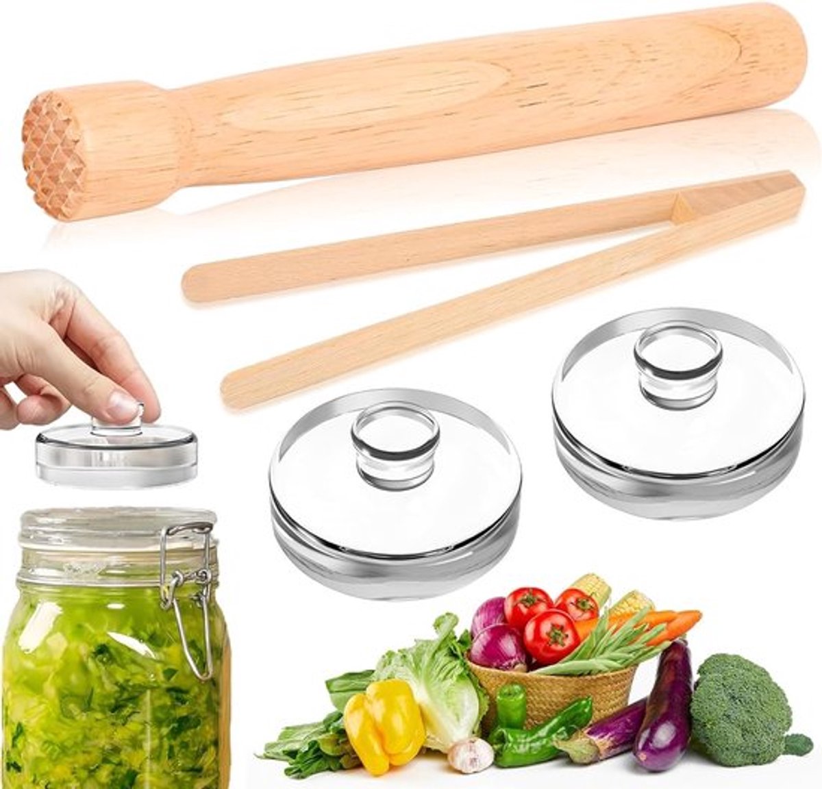Accessoire Set voor Fermentatie met Stamper, Tangen en Gewichten voor Perfecte Fermentatie van Zuurkool, Kimchi en Meer (⌀7 cm)