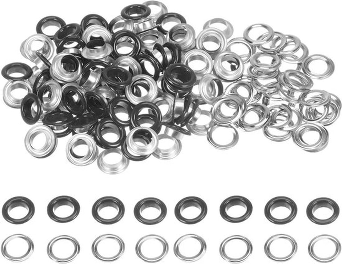 Volledige grommetset met 100 metalen oogjes van 10 mm voor kleding, scrapbooking en doe-het-zelf-projecten, inclusief handige grommettool in het zwart.