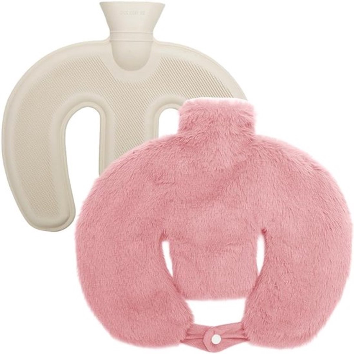 U-vormige warmwaterkruik met hoes, 1 liter, verlicht nekgedeelte, lekvrij, ideaal voor nek en schouders, comfort en warmte voor vrouwen, fluffy design in roze
