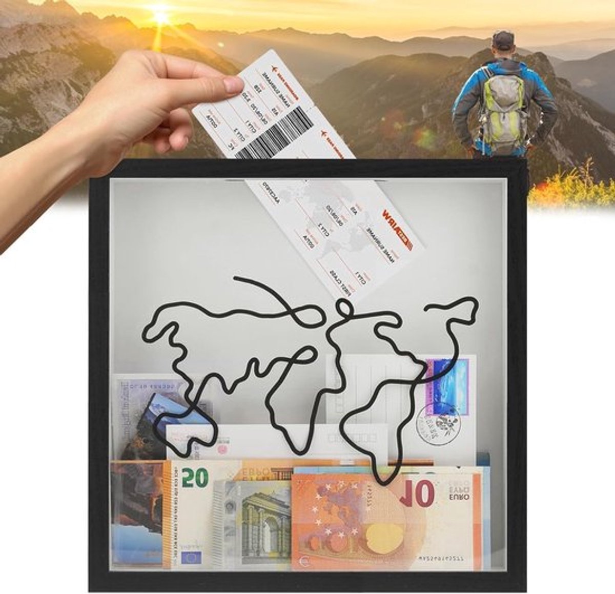 Reisavontuur Archiefdoos, Herinneringen Bewaren met Wereldkaart Ontwerp, Zwart, Met Slot en Ticket Shade - 1 Stuk, 11×11 inch, Perfect voor Reis Souvenirs en Foto's