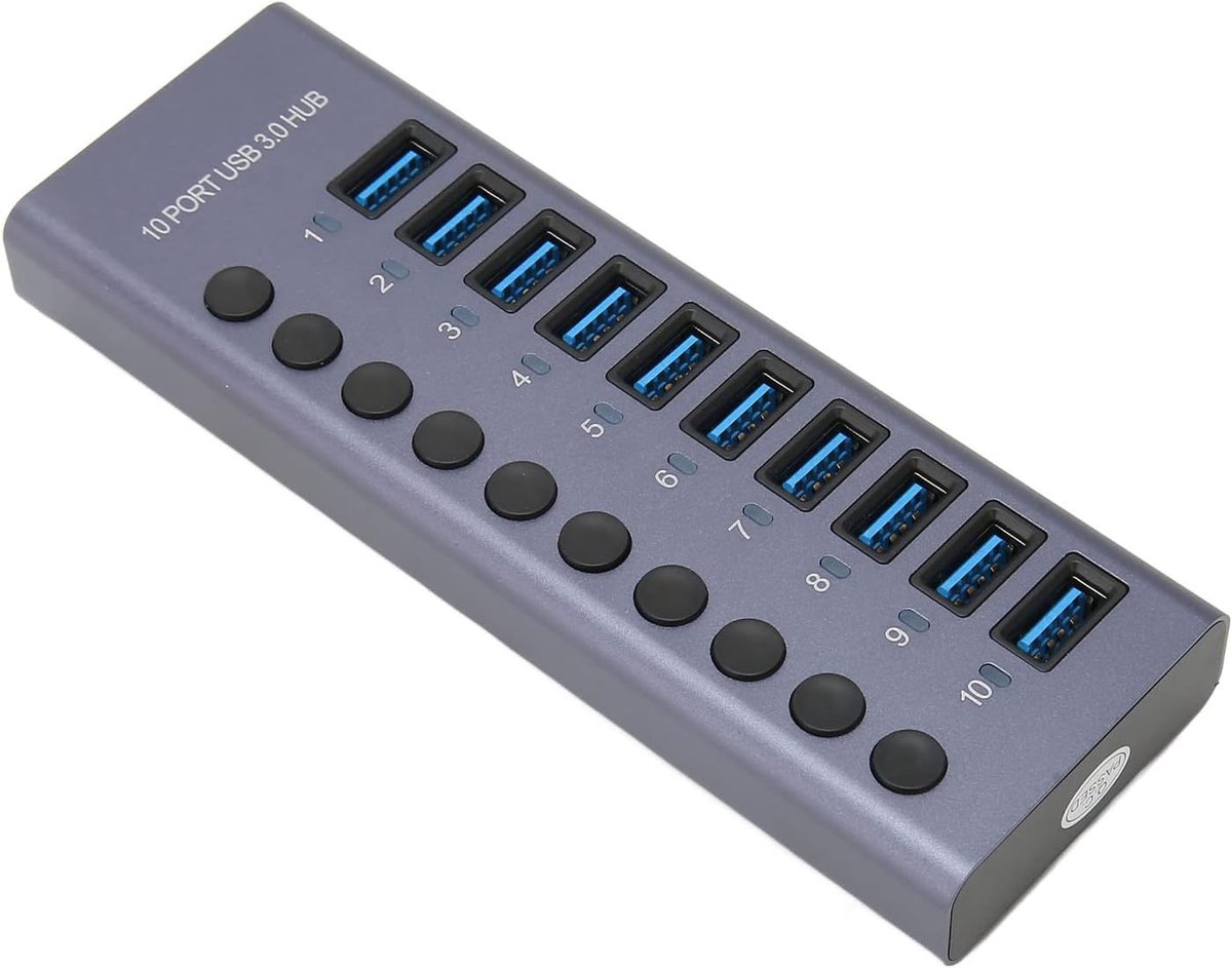 SnelShoppen - Powered USB 3.0 Hub 10 Poorten met Individuele Schakelaars, 60W USB Hub voor Laptop en PC, Snelle Gegevensoverdracht tot 5Gbps, Inclusie
