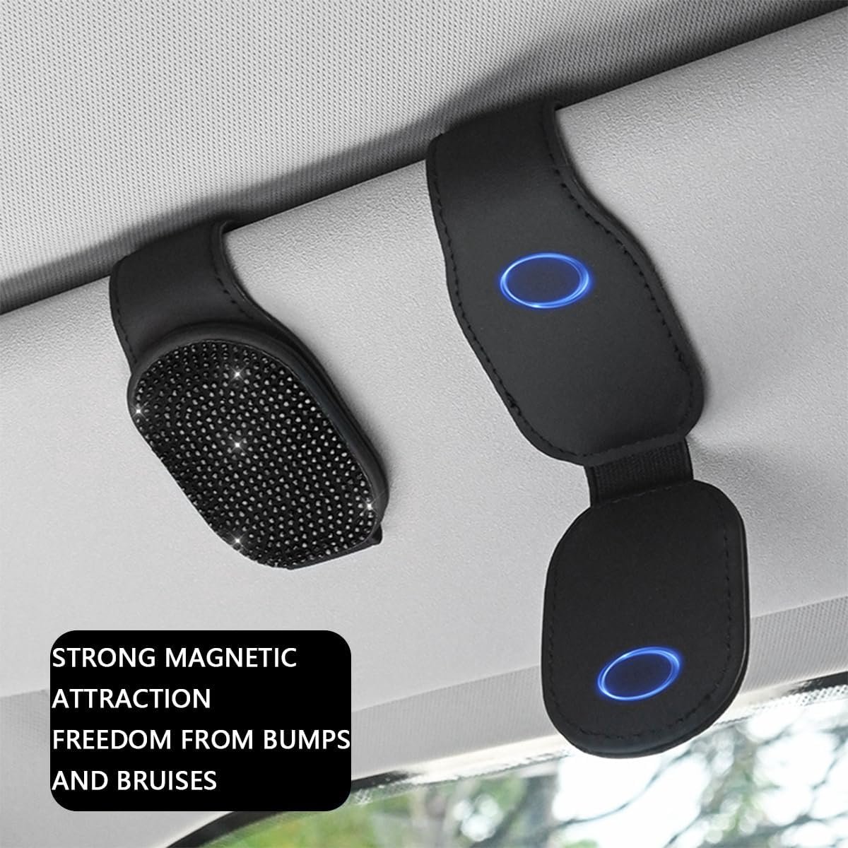 SnelShoppen - Zonnebrilclip voor Auto - Zonnebrilhouder voor Zonnebrillen - Magnetische Montagesysteem - Luxe Riem met Strass Steentjes - Zwart