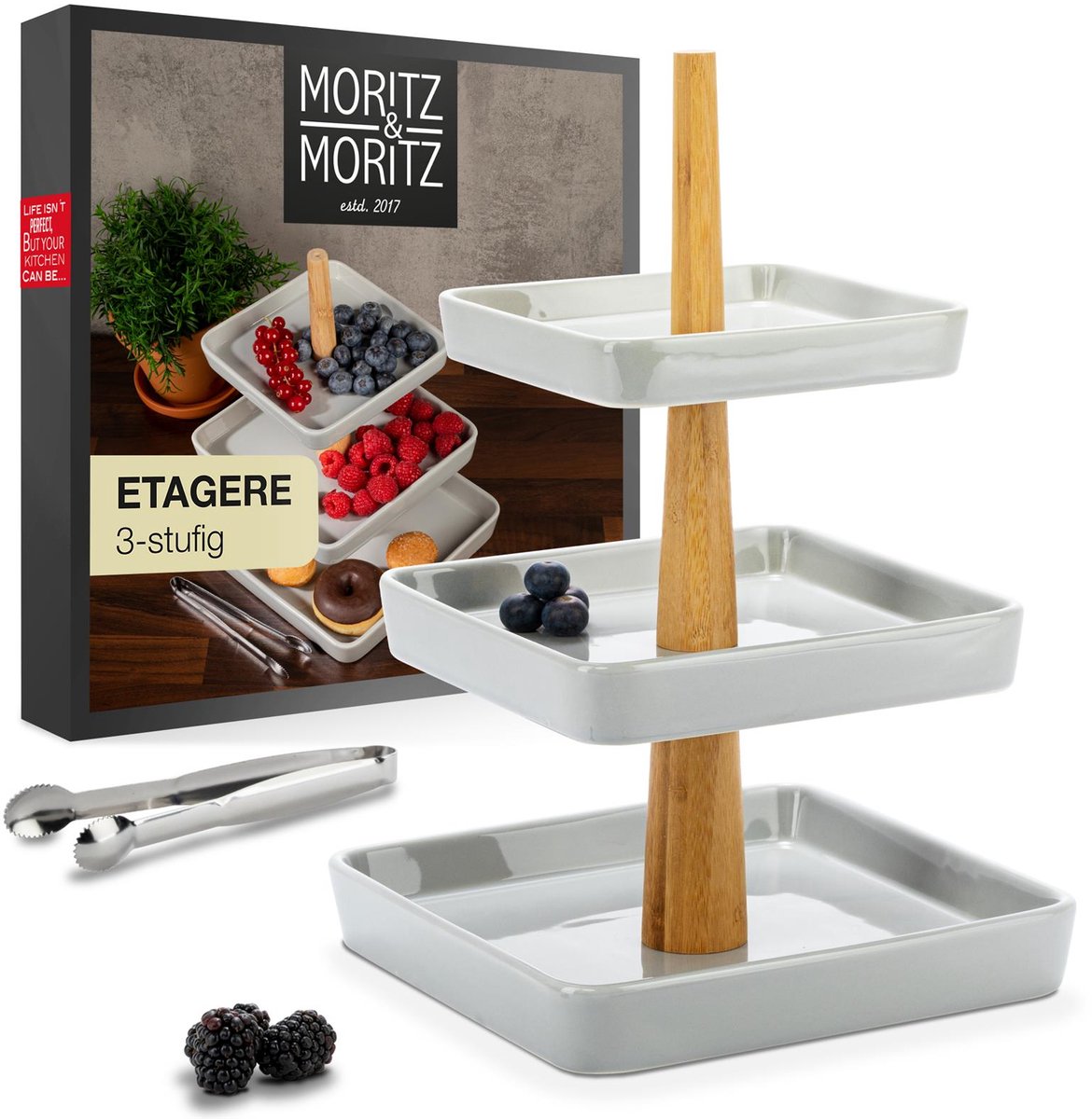 Moritz & Moritz Etagere eckig 3-Stufig grau mit Holz Stange
