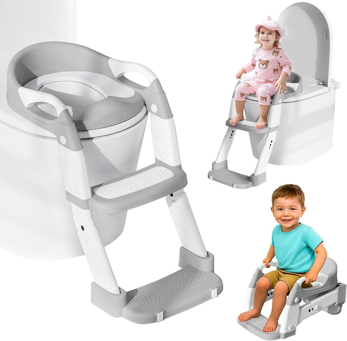 Zindelijkheidstrainer - Peuter toilet - Kinderen trainen - 3-in-1 functie - Verstelbaar - Grijs