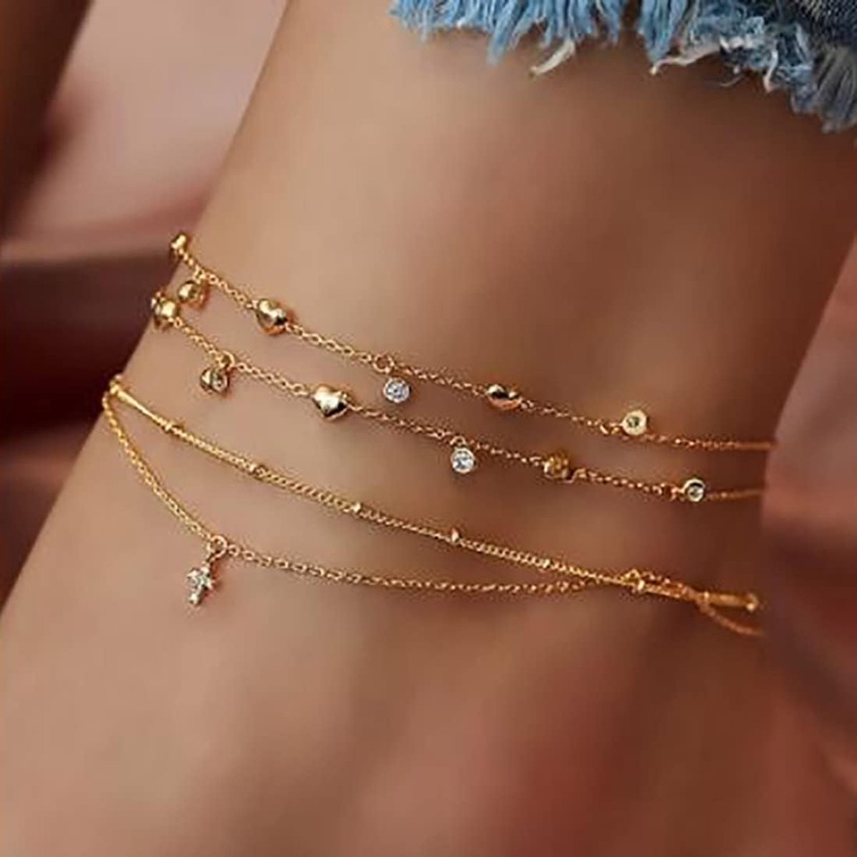 SnelShoppen - Gelaagde Cross Anklet Goud Hart Enkelbandje met Kristallen voor Vrouwen en Meisjes - Bohemian Strand Sieraden voor Feest, Verjaardag, Va