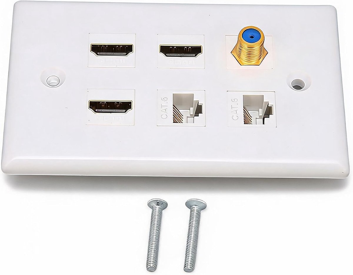 SnelShoppen - HDMI Wandplaat 6 Poorten Ethernet Wandplaat met 3x HDMI, 1x TV F Type en 2x Cat 6 RJ45 Netwerk AV Wandpaneel voor Thuis HDTV, Ethernet W