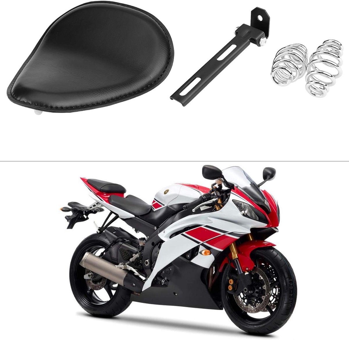 SnelShoppen - Motorfiets Zadel 3" Zwart Leren Zadel met Bevestigingsveer voor Chopper Bobber Custom, Zadelbeugel voor Motorfietsen