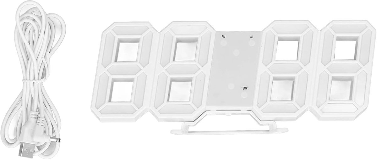 SnelShoppen - 3D LED Wandklok Digitale Alarmklok Timer Temperatuur Nachtlamp USB Voeding, Duale Voedingsopties voor Woonkamer Thuis (Witte Rand Witte