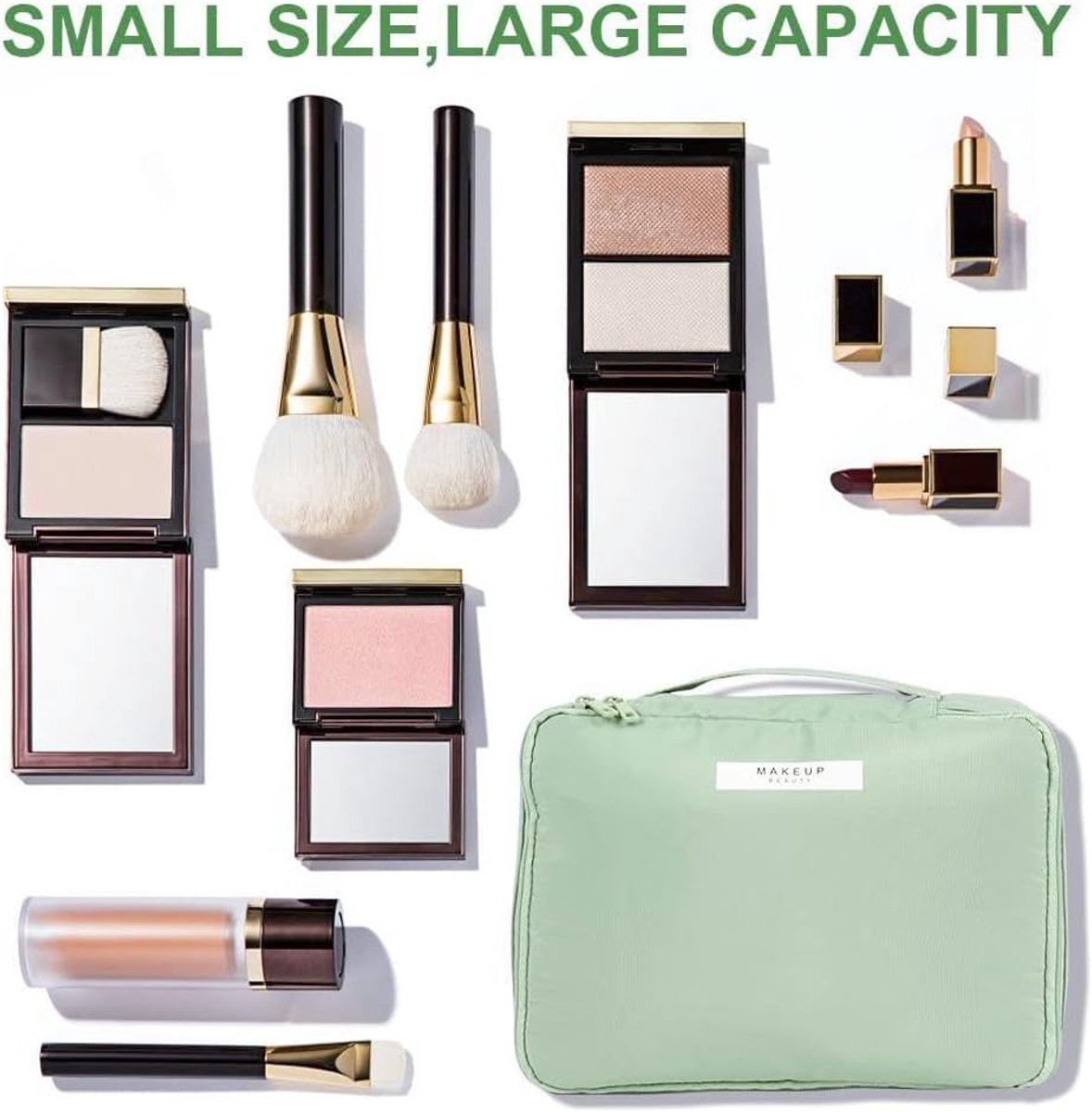 SnelShoppen - Grote Portable Cosmeticatas voor Reizen, Moderne Ontwerp, Groene Make-up Tas, 23x8x16.8CM, Duurzaam met Compartimenten voor Borstels en