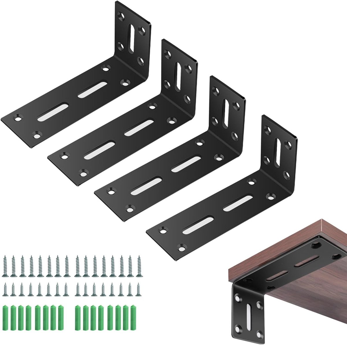 Set van 4 Wandplank Steunen, 3mm Dikke Hoekplank met Schroeven, Ideaal voor Woonkamer en Keuken, Zwart