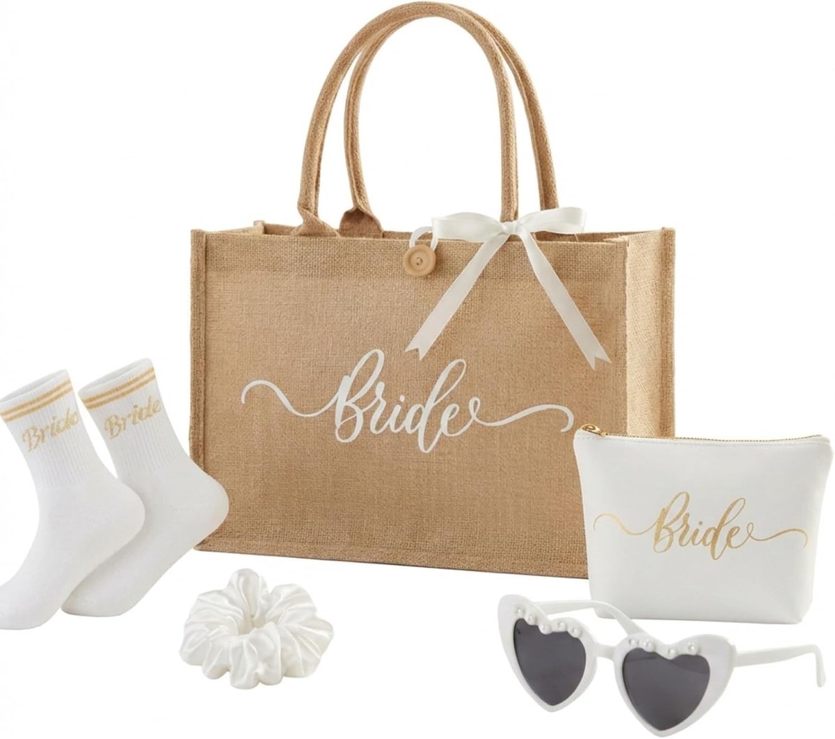 4-delige Jute Tas Set voor Bruiloft: Bruid Cadeau, Schoonheidscase, Bruidsokken en Zonnebril voor Vrijgezellenfeest, Verloving en Honeymoon