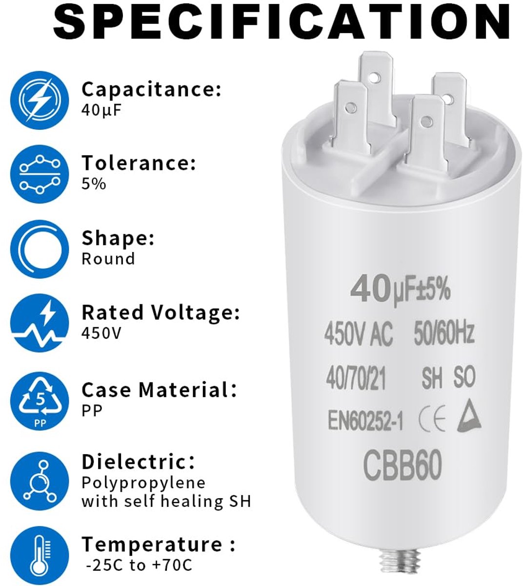 SnelShoppen - CBB60 Motor Capacitor 40μF 450V - Startcapacitor voor Elektrische Motoren en Zwembadpompen - Compact en Lichtgewicht