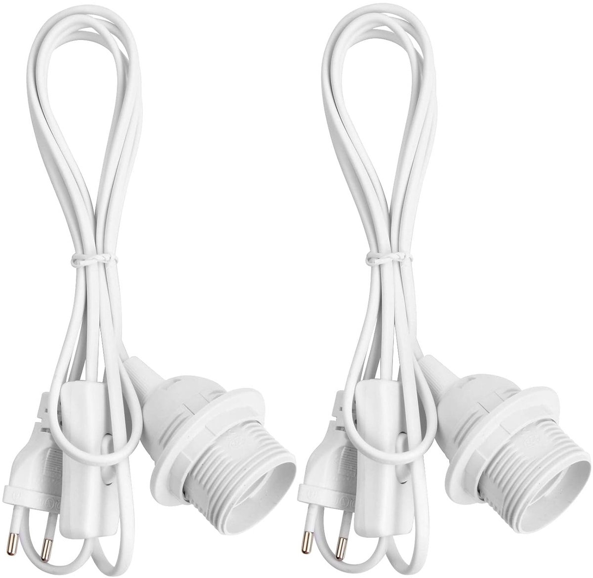 Pack of 2 Lamp Holders with Switch, E27 Socket, White with 1.8 m Power Cord Screw Ring, Lamp Holder with EU Plug for - ShopVlot