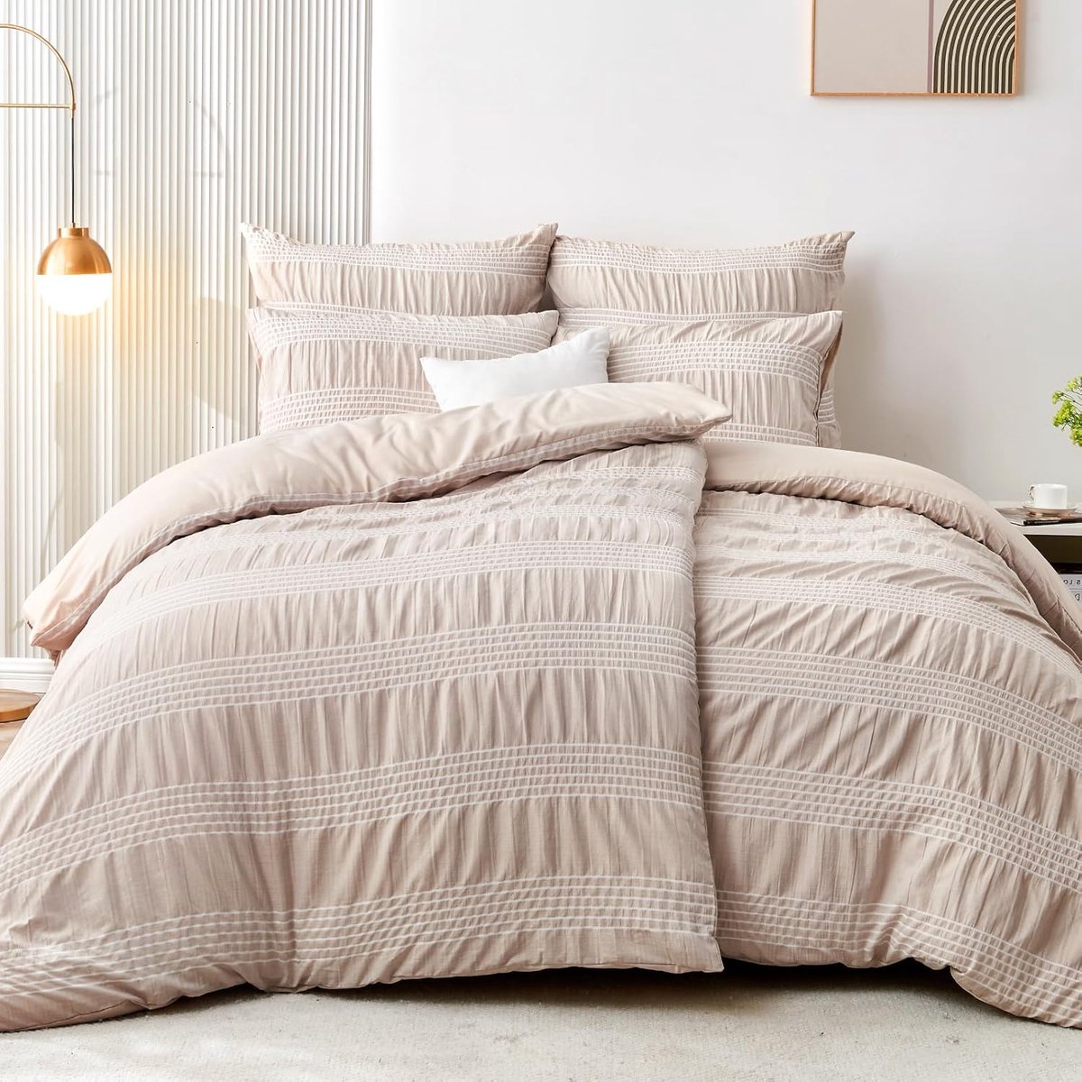 SnelShoppen - Bedlinnen Set 135 x 200 cm, 4-delige Khaki Witte Strepen, Microfibre Katoen, Inclusief 2 Kussenslopen 80 x 80 cm, Kreukvrij en Met Rits,