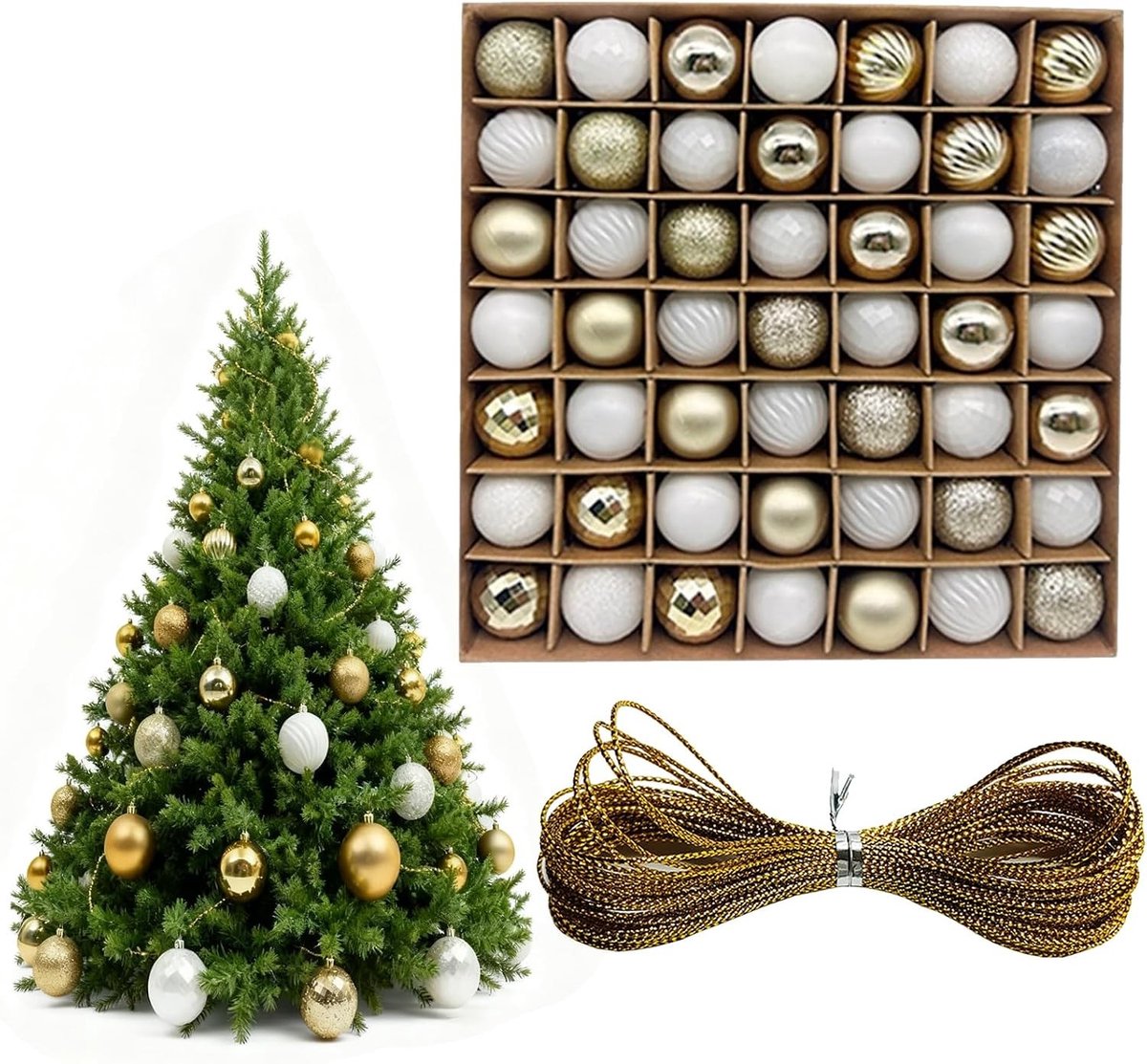 Kerstballen Set van 49 Stuks - Kleine 3 cm Plastic Ballen met 10 m Gouden Draad voor Boomdecoratie en Kerstversiering