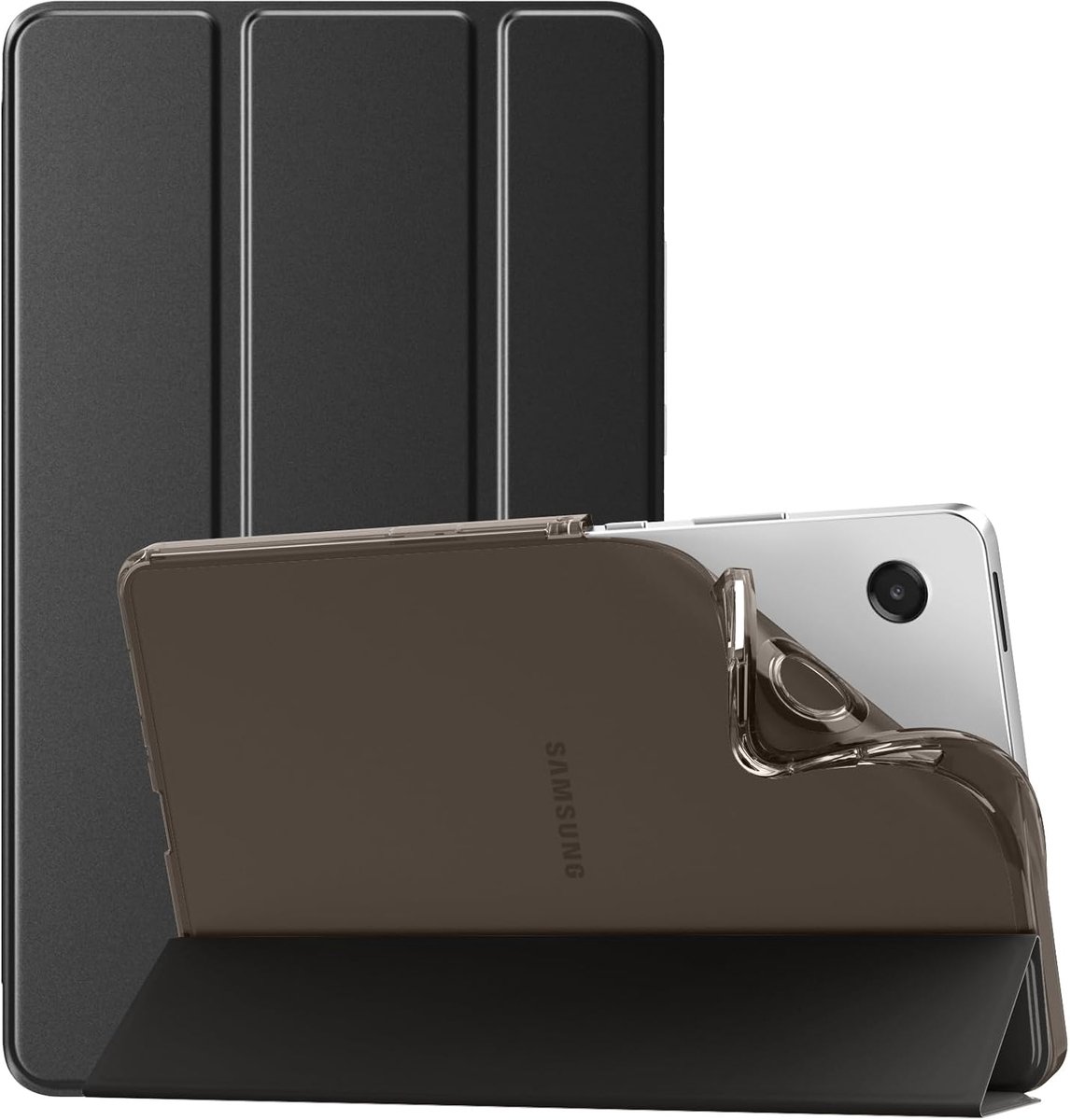 SnelShoppen - Zachte Hoes voor Samsung Galaxy Tab A9 8,7" en A11, Slank TPU, Doorshijnende Matte Achterkant, Twee Standhoeken, Zwart, Geschikt voor SM