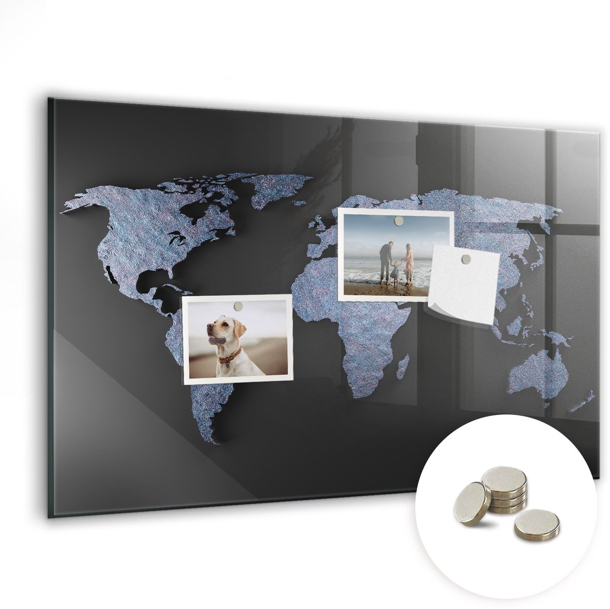 Coloray Glazen Magneetbord - Magnetisch Bord 3D-wereldkaart - 60x40 cm - Blauw Magneetbord - Magnetic Board - Magneetbord Design