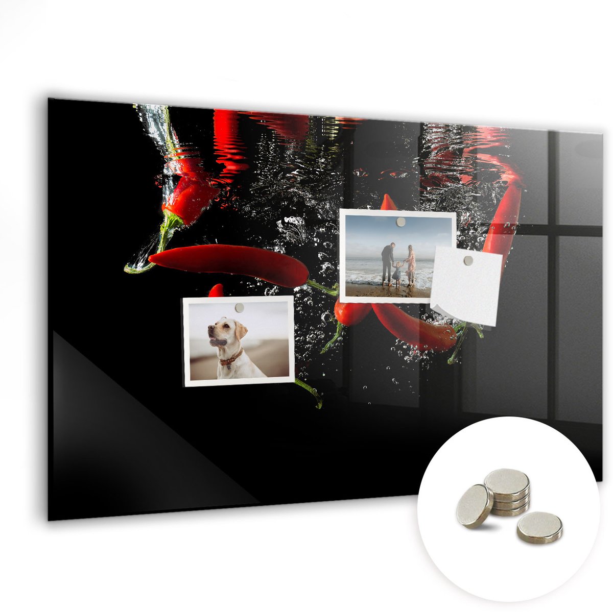 Coloray Glazen Magneetbord - Magnetisch Bord Paprika's in water - 60x40 cm - Rood Magneetbord - Magnetic Board - Keuken Decoratie