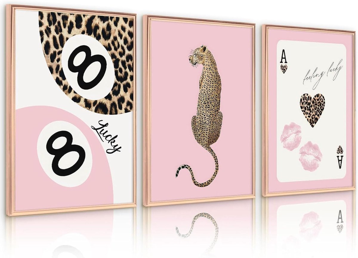 Muurkunst Luipaard Canvasafdruk - Preppy 8 Bal Poster - Roze Speels Luxe Print - Trendy Kamerdecoratie - SnelShoppen