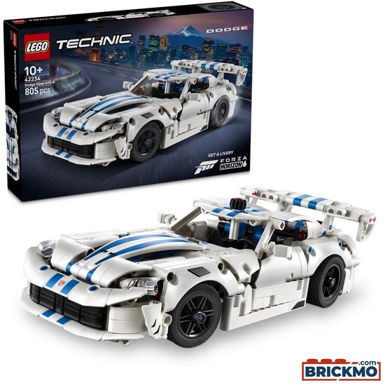 LEGO Technic Dodge Viper GTS-R modelauto naast de verpakking, witte sportauto met blauwe strepen.