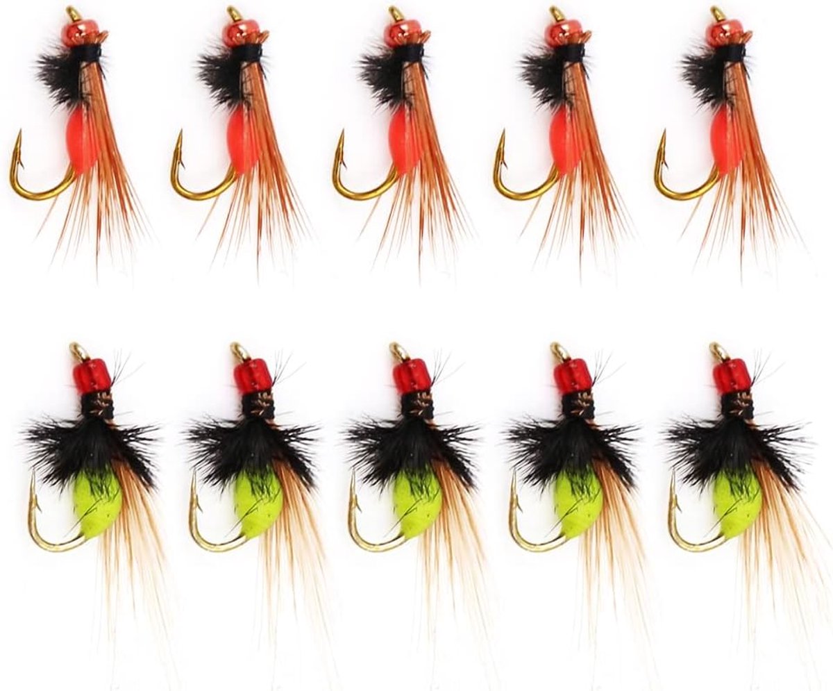 SnelShoppen - 10 Stuks Vissen Aas Bionische Haken, Premium Giftige Muggen met Fluorescerend Effect Vliegvissen Haak Visgerei - Rood, Fluorescent Geel