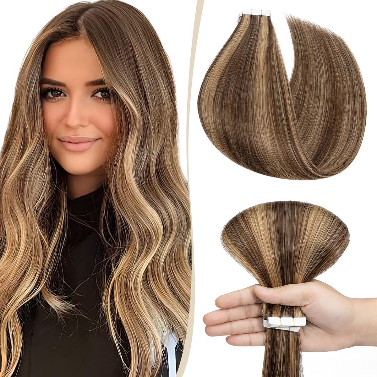 SnelShoppen - Tape Extensions Haarverlenging 10 Stuks 100% Remy Haar Medium Bruin/Honing Blond #4p27 61cm (25g) Recht