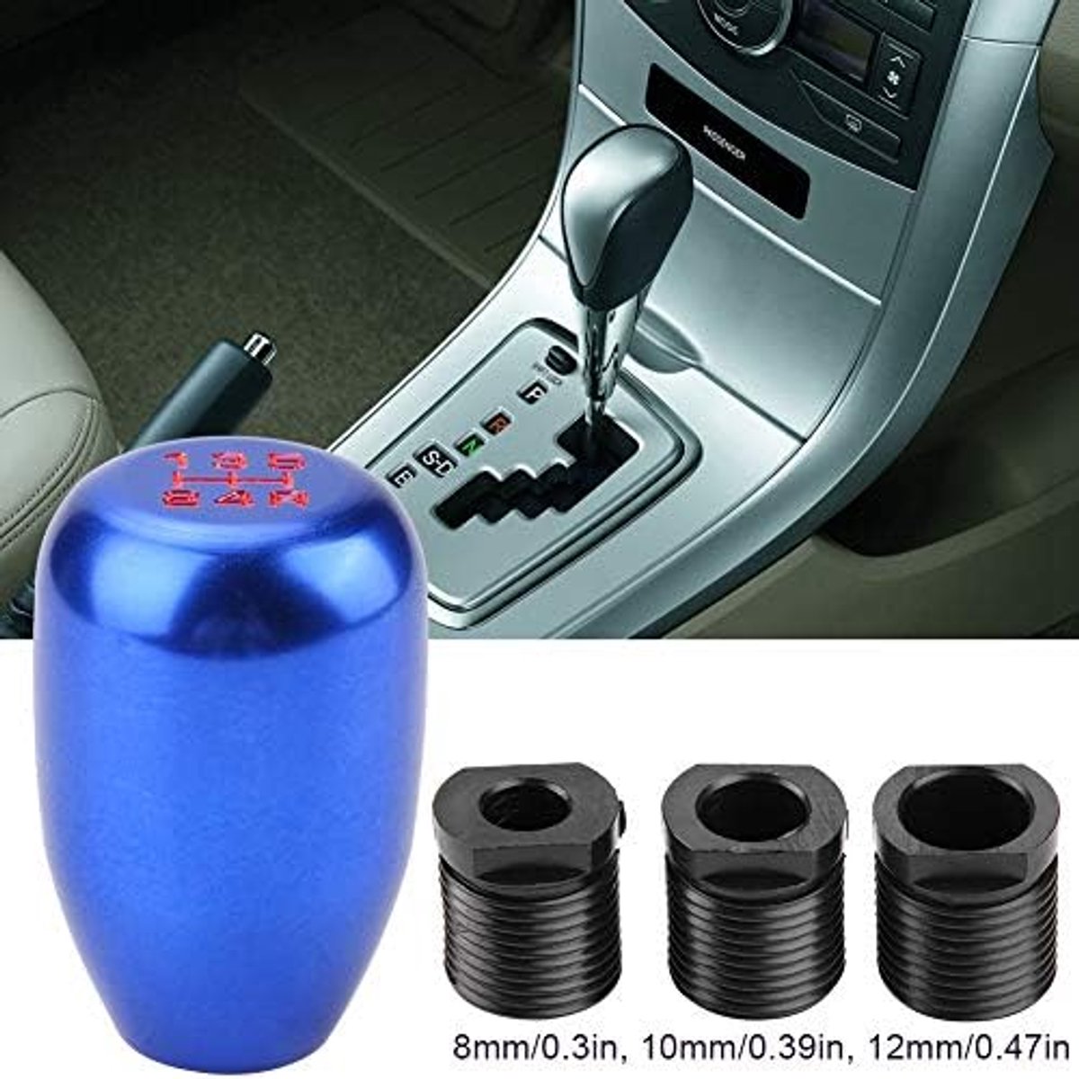 SnelShoppen - Handmatige Versnellingsknop Auto 5 Versnellingen met 3 Adapters 8/10/12mm (Blauw) + Universele Versnellingspook Schakelaar