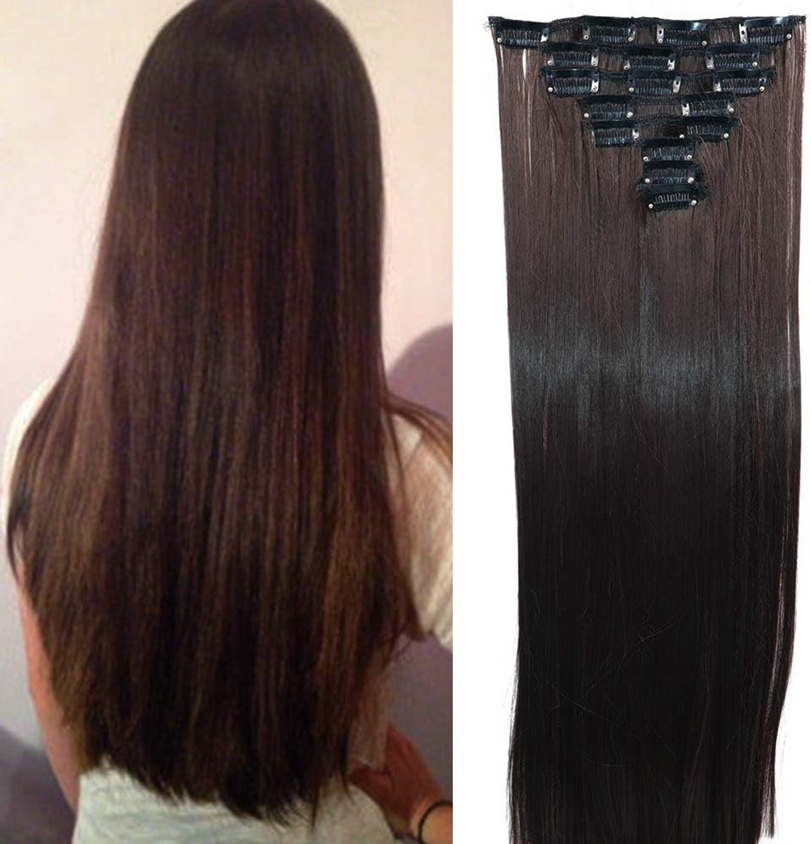 SnelShoppen - Clip In Extensions Echt Lijkend Haar 8 Strengen Glad Goedkoop Haar Verdikking Synthetisch Haar Midden Donkerbruin