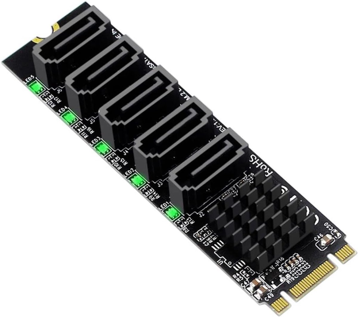 SnelShoppen - 5-poorts M.2 naar SATA Adapter, B+M Key NGFF Uitbreidingskaart met 5 SATA 3.0 Poorten, JMB575 Chips, LED Indicator voor Hardeschijven