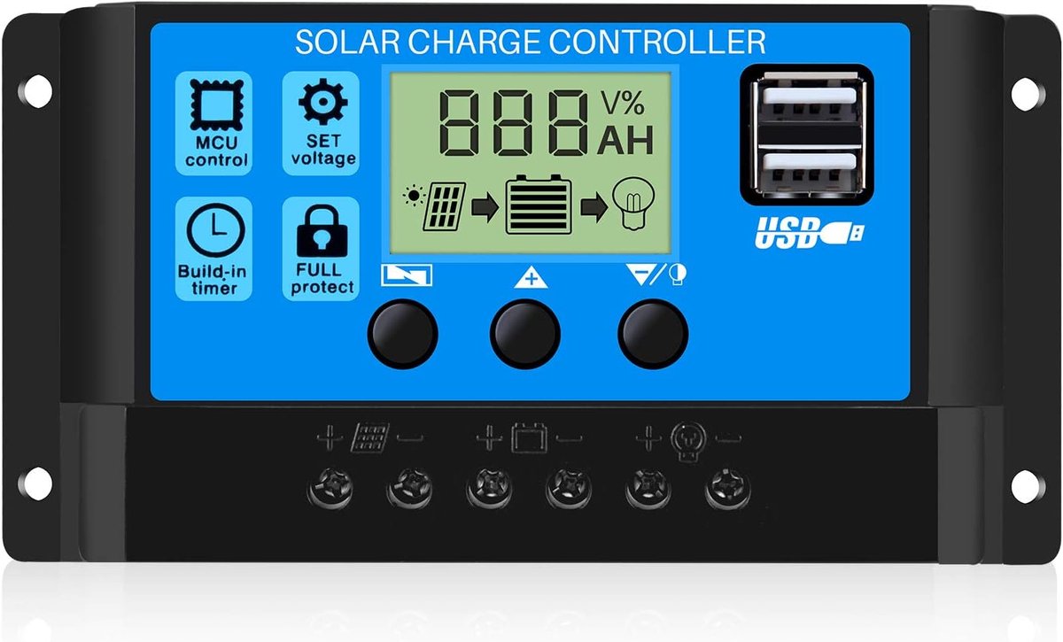 SnelShoppen - 30A 12V/24V Zonne-energie Regulator, Oplaadcontroller met 5V Dubbele USB Poort, Timer Instelling, LCD Scherm voor Zonnepaneel Accu Lamp