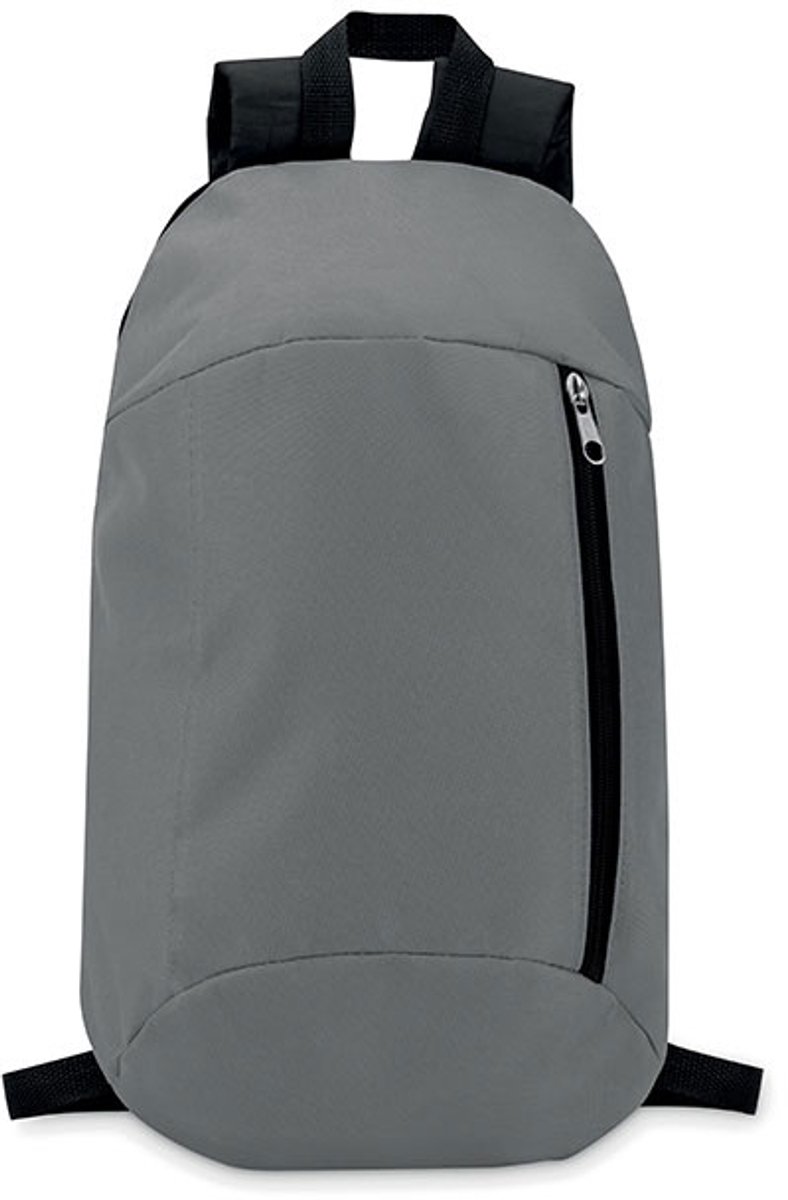 Rugzak van 600D polyester met voorvak met rits, verstelbare draagbanden en draaglus aan de bovenzijde. Achterzijde is gewatteerd en uitgevoerd in 210D polyester. Grijs