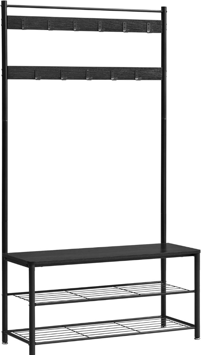 Lìon® Kapstok Met Schoenenrek - Kapstok Met Bankje - Halmeubel Met kapstok - Zwart - ‎32cm x 175cm x 85cm