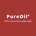 Wit PureOil logo op rode achtergrond. Tekst: 'PureOil 100% Pure & Natuurlijke oliën'.