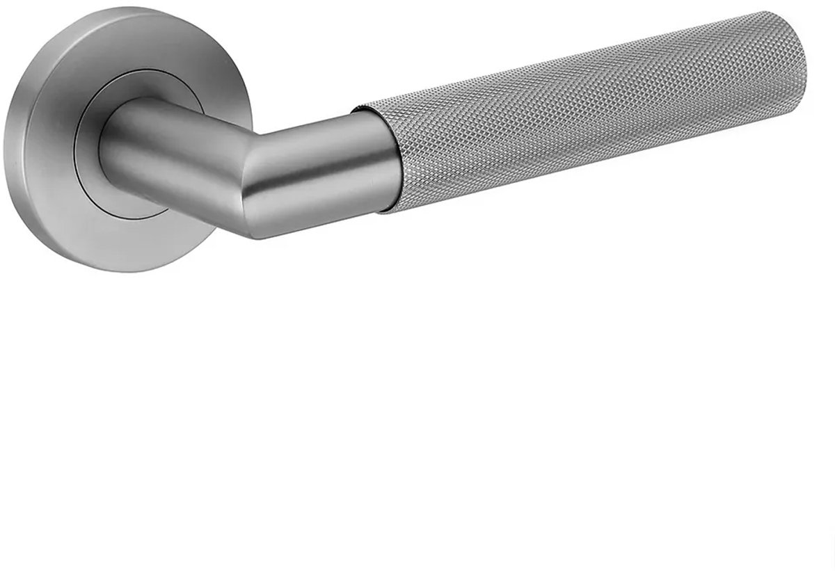 Deurkruk (2x) Pia rond massief geribbelde diamant greep 22mm haaks met een schroefrozet gun metal PVD gecoat | Ronde deurklinken