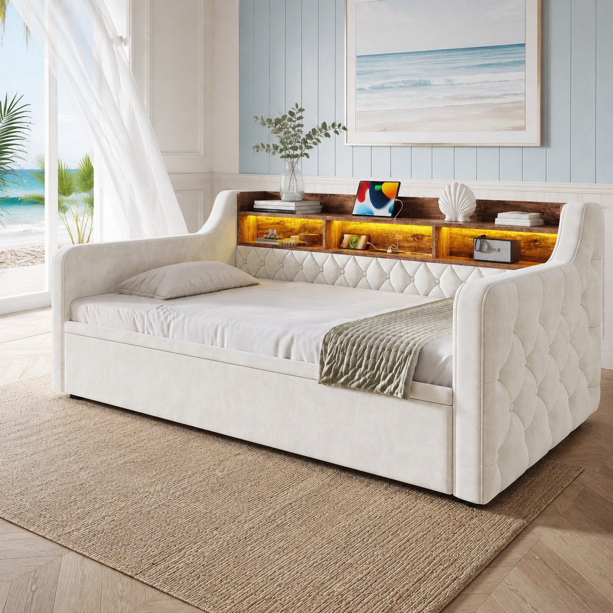 STILVORA Slaapbank 90x190 cm Zonder Matras – Uitrekbed met Armleuningen en LED-Verlichting – Stauraam Hoofdeinde – Voor Woonkamer en Logeerkamer – Beige