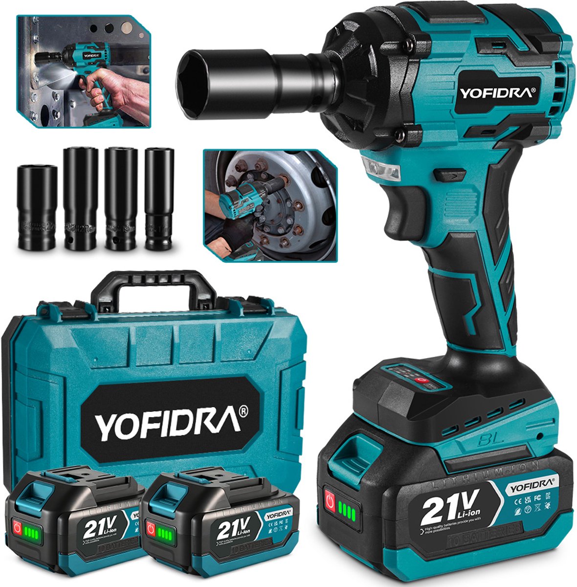 Yofidra Accu Slagmoersleutel - 1000 Nm Slagmoersleutels - 1/2 inch Slagmoersleutelset - met 2x accu en 4x dopsleutels - voor huis en auto
