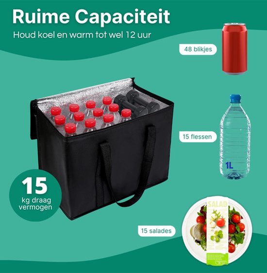 1 stuk - isolatie tas - verdikte niet-geweven stof - aluminiumfolie taart isolatie tas - parel katoen hand isolatie tas - picknick - 30L - zwart — afbeelding 5