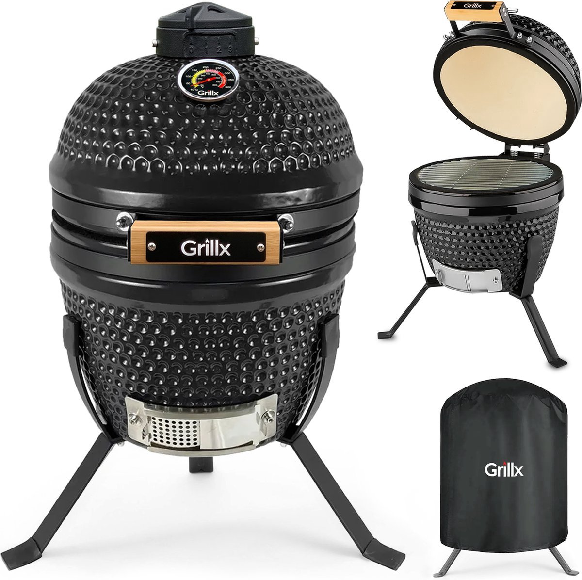 Bol.com GrillX Kamado BBQ - 13 Inch - Incl. Hoes - Flamed Pattern - Barbecue Egg - Houtskool Barbecue - Zwart - Ø 27cm aanbieding
