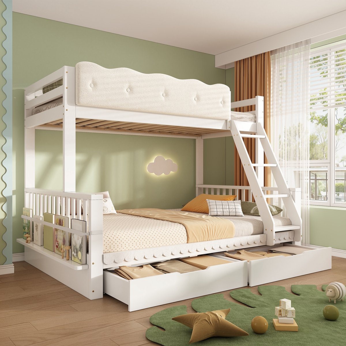 PHOEBE CAT Stapelbed - 90 x 200 + 140 x 200 cm - Met 2 lades - Boekenplank - Veiligheidshekje - Kinderbed - Wit