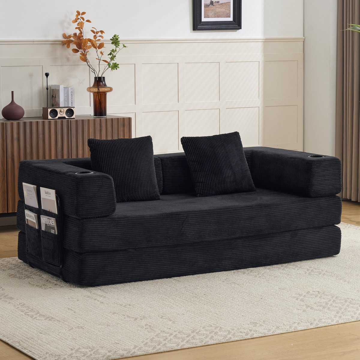Slaapbank - Modulaire Ribstof Sofa Bed 2-Zits Met Uitklapbaar Design - Comfortabele Vloerbank Met Kussens, Armleuningen, Bekerhouder En Zijvak - Ruimtebesparende Bank Voor Woonkamer - Zwart