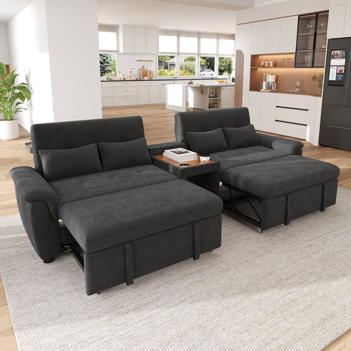 U Hoekbank 4 Zits - Chenille Slaapbank Met 2 Uitklapbare Bedden - Modulaire Lounge Bank Met Verstelbare Rugleuning, Koffietafel En Bekerhouders - Pet Friendly Sofa - Donkergrijs
