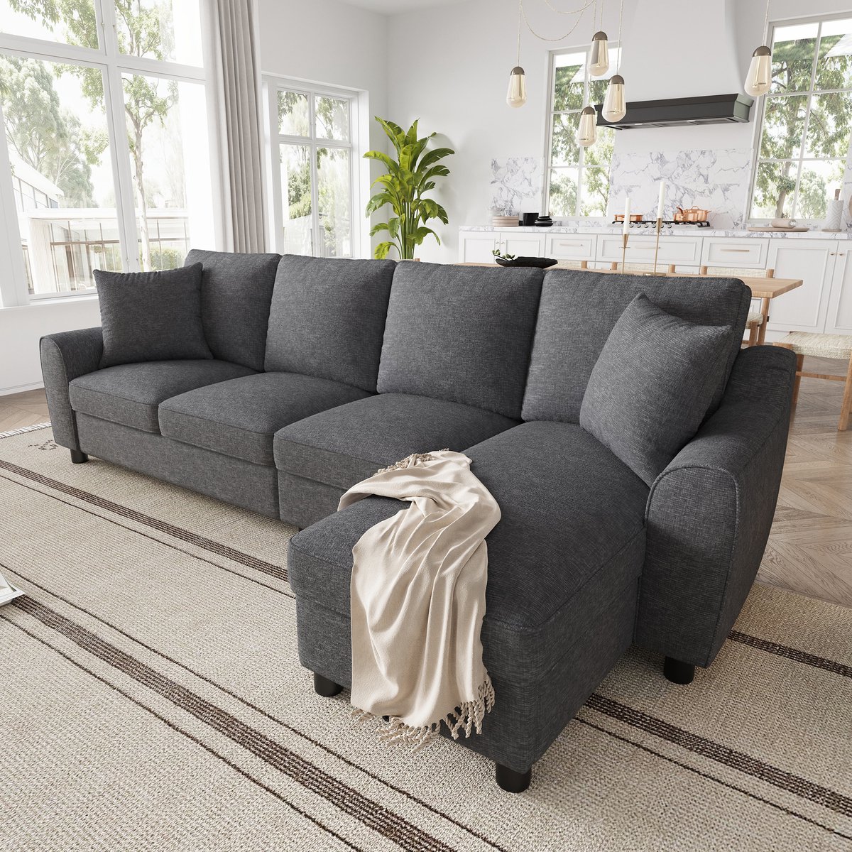 L-Vorm Hoekbank - Chenille Bank Met Chaise Longue - 4-Zits Lounge Bank Met Opbergruimte En Inklapbare Rugleuning Met Bekerhouder - Modulaire Bank Grijs