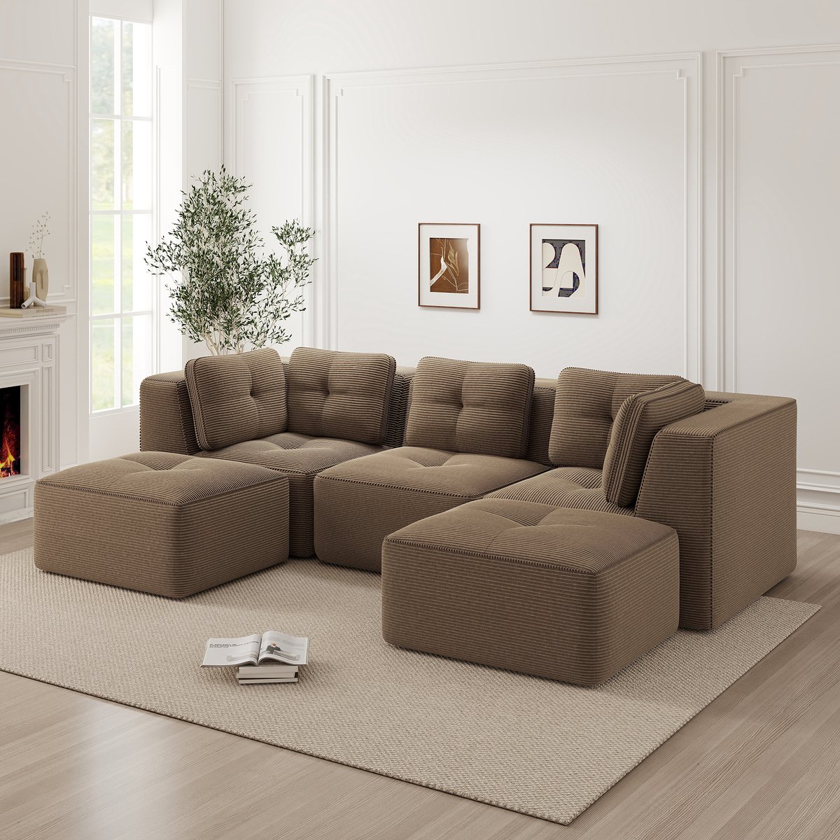 Modulaire Hoekbank 3-Zits - Ribcord Wolkenbank Zonder Frame Met Hocker, Diepe Zit En Zachte Kussens - Bruin