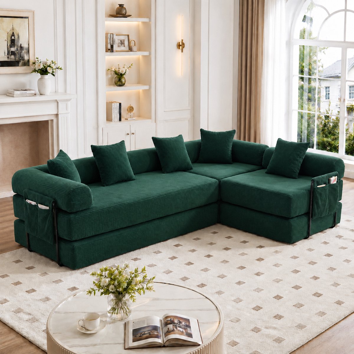 Modulaire Hoekbank 4-Zits - Ribstof Bank Met Opbergtas - Vacuüm Verpakt - Flexibele Lounge Sofa - Groen