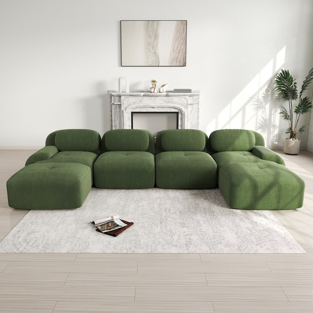 Modulaire U Bank - Ribstof Hoekbank 4-Zits Cloud Sofa Zonder Montage - Frameloze Lounge Bank Met 32D Schuimvulling En Brede Armleuningen - Huisdiervriendelijke Bank Voor Woonkamer En Slaapkamer - Groen