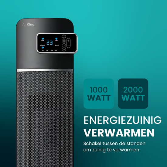 Zwarte AirKing kachel met display en honeycomb patroon, met indicatie van 1000 en 2000 Watt.