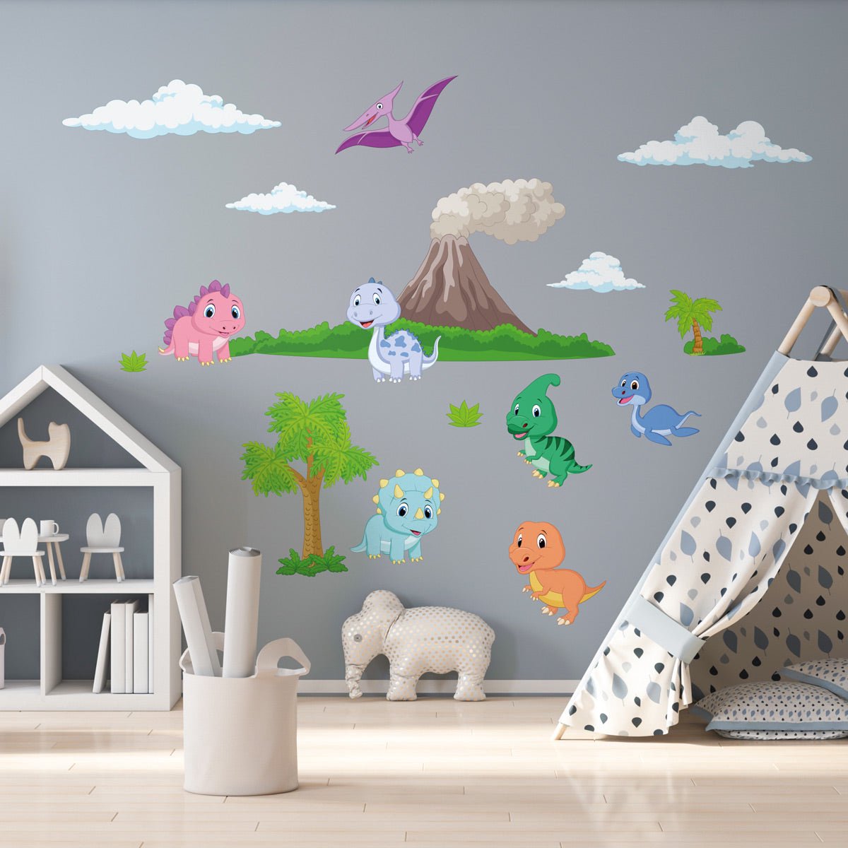 Ambiance Sticker Muurstickers - Dinosaurussen en de vulkaan - Zelfklevende stickers - 165x110cm Multi color