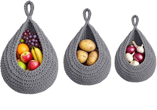 3-delige Fruitschaal Hangmand - Hangende Fruitmand - Opbergmand - Groentemand - Fruitmand - Handgeweven - Wandophanging - Bohemian decoratie - Katoen - L/XL/XXL - Geschikt voor het bewaren van fruit en groenten - Grijs